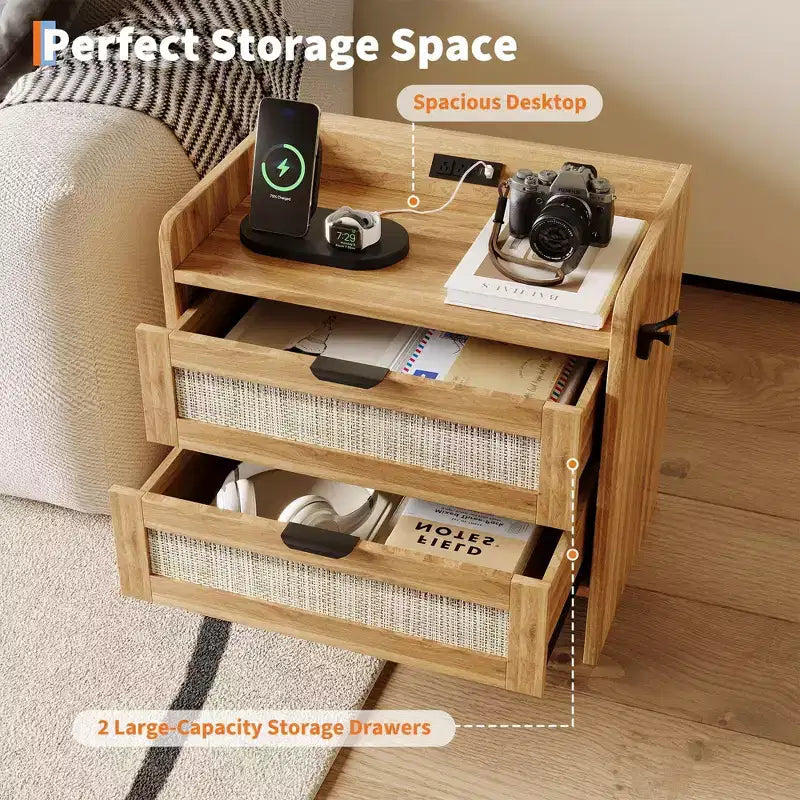 Set di 2 comodini bohémien in stile rattan con stazione di ricarica Type-C e 2 cassetti