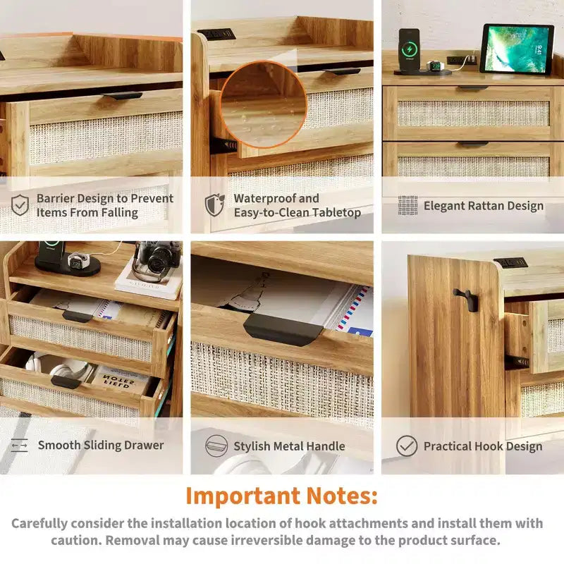 Set di 2 comodini bohémien in stile rattan con stazione di ricarica Type-C e 2 cassetti