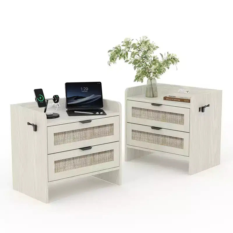 Set di 2 comodini bohémien in stile rattan con stazione di ricarica Type-C e 2 cassetti