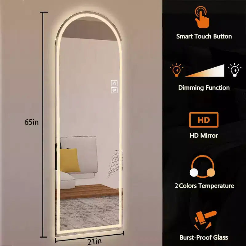 Specchio a figura intera a LED ad arco da 65" con modalità di illuminazione regolabili – Montaggio a parete moderno