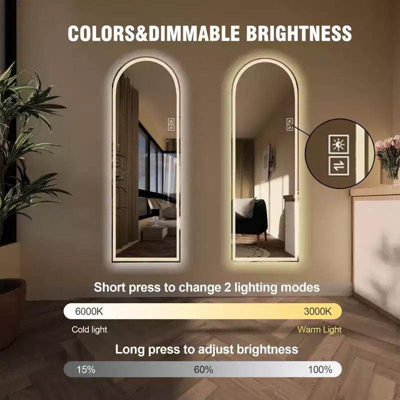 Specchio a figura intera a LED ad arco da 65" con modalità di illuminazione regolabili – Montaggio a parete moderno