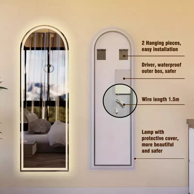 Specchio a figura intera a LED ad arco da 65" con modalità di illuminazione regolabili – Montaggio a parete moderno