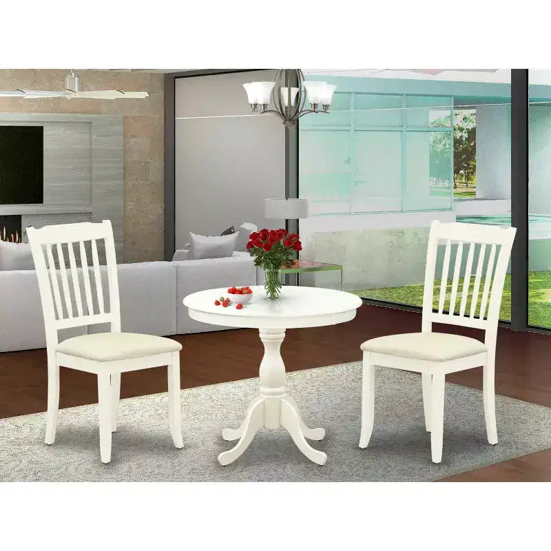 Set da pranzo da 3 pezzi in legno massello, colore bianco, con base a piedistallo, rotondo, 2 posti
