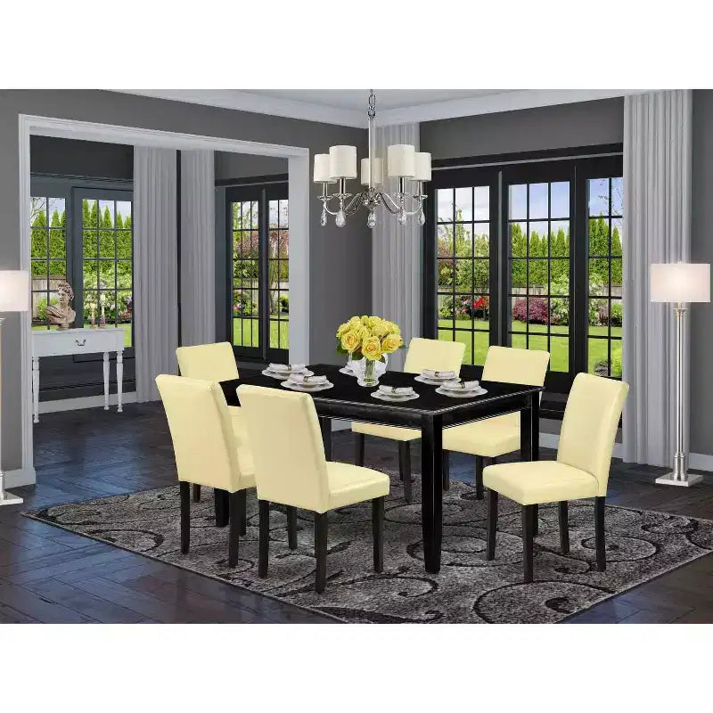Set da pranzo rettangolare 7 pezzi – Tavolo 152 cm e 6 sedie Parsons in similpelle, allungabile