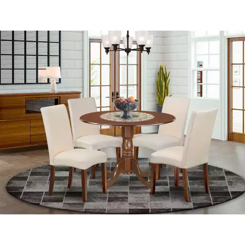 Set da pranzo Boho con tavolo rotondo a ribalta e 4 sedie in lino color crema, 5 pezzi
