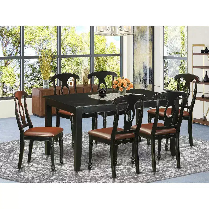 Set da pranzo rettangolare da 7 pezzi con 6 sedie in similpelle – Finitura nera