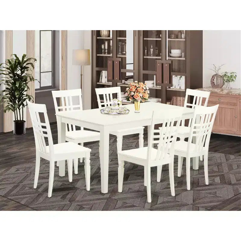 Set da Pranzo di 7 Pezzi in Legno Massello Lino Bianco con 6 Sedie