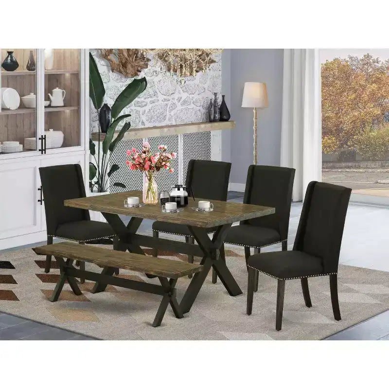 Set da pranzo Jacobean in legno massiccio da 6 pezzi con panca e 4 sedie