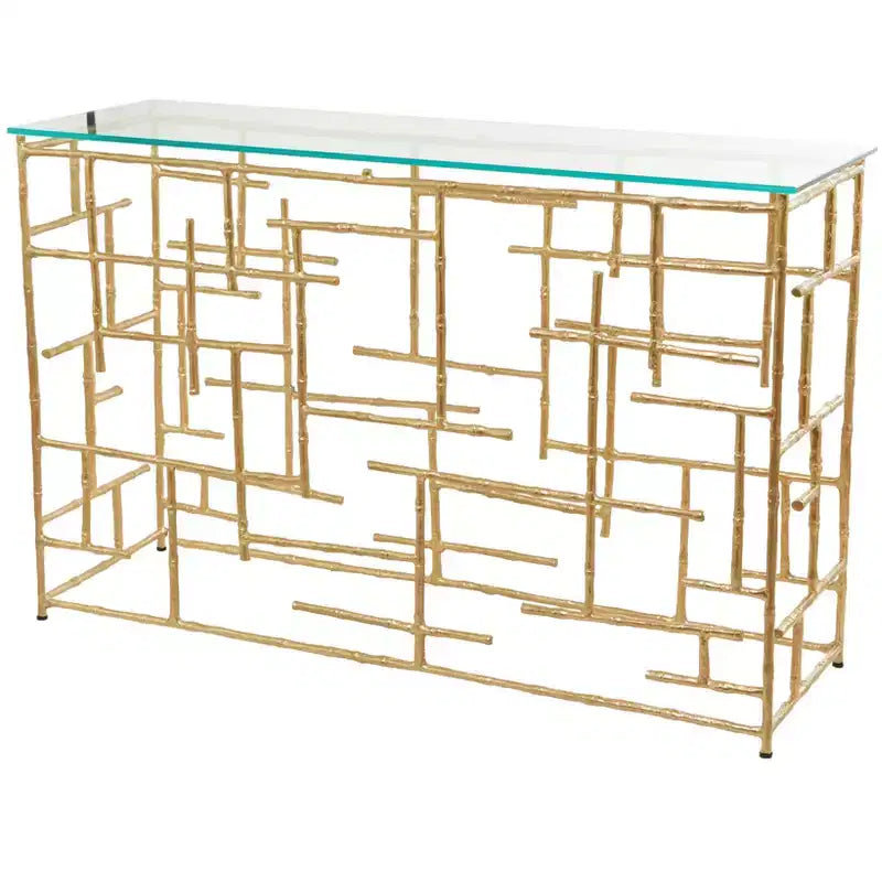 Consolle contemporanea in alluminio color oro con ripiano in vetro – Design a labirinto geometrico