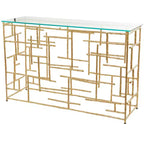 Consolle contemporanea in alluminio color oro con ripiano in vetro – Design a labirinto geometrico