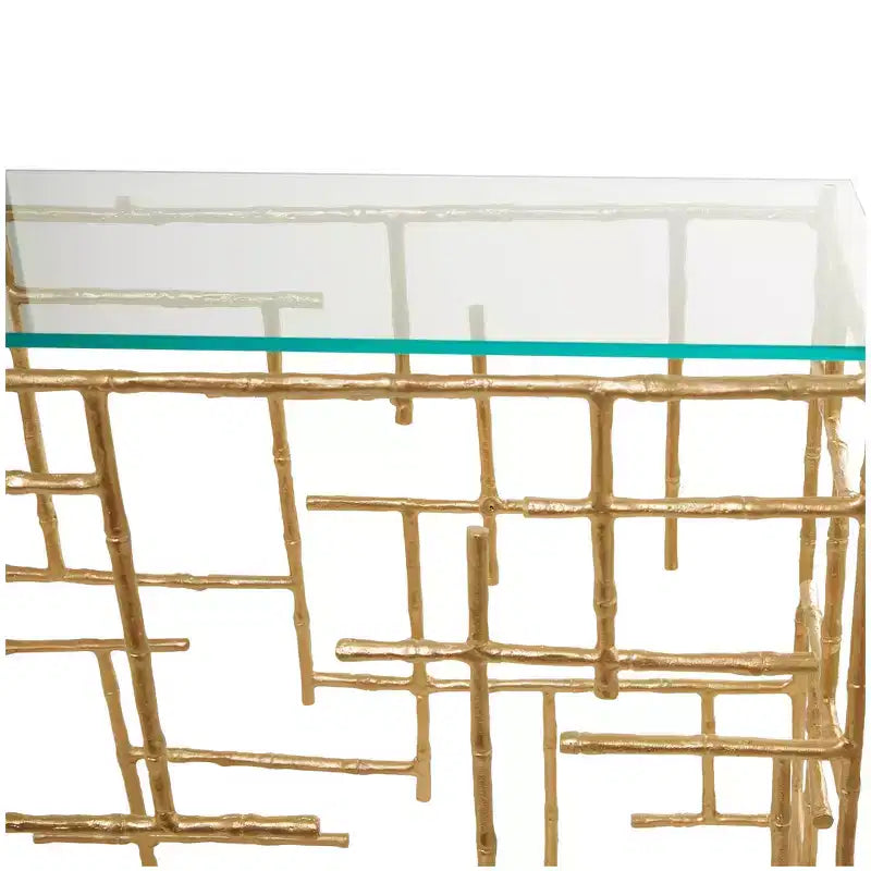 Consolle contemporanea in alluminio color oro con ripiano in vetro – Design a labirinto geometrico