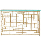 Consolle contemporanea in alluminio color oro con ripiano in vetro – Design a labirinto geometrico