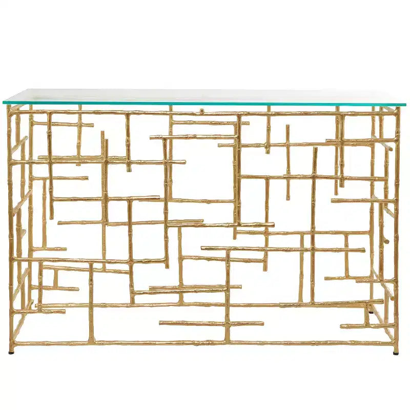 Consolle contemporanea in alluminio color oro con ripiano in vetro – Design a labirinto geometrico