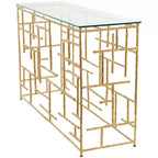 Consolle contemporanea in alluminio color oro con ripiano in vetro – Design a labirinto geometrico