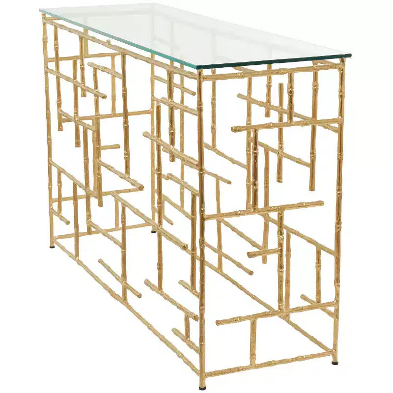 Consolle contemporanea in alluminio color oro con ripiano in vetro – Design a labirinto geometrico