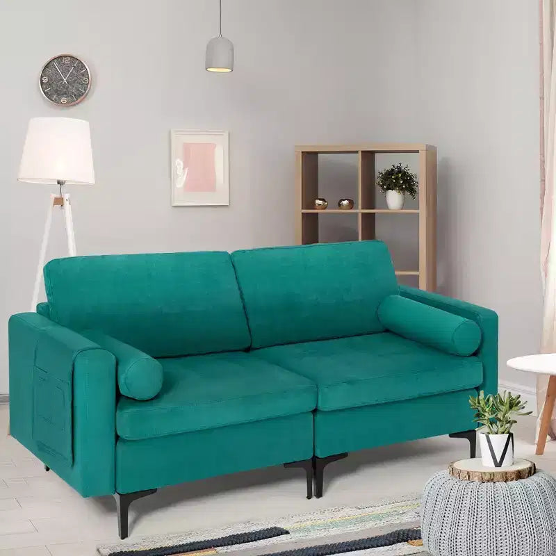 Divanetto moderno color verde acqua a 2 posti con tasca laterale portaoggetti e 2 cuscini a rullo – Capacità 300 kg