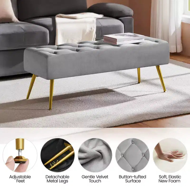 Panca moderna imbottita con pouf, poggiapiedi e bottoni – Larghezza 45", capacità 300 libbre