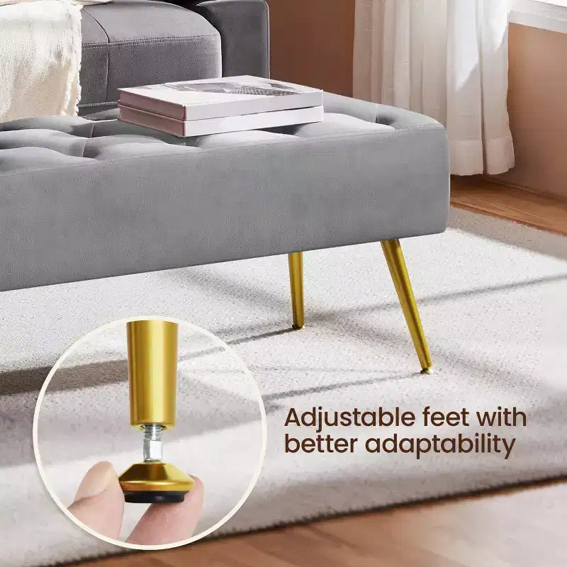 Panca moderna imbottita con pouf, poggiapiedi e bottoni – Larghezza 45", capacità 300 libbre