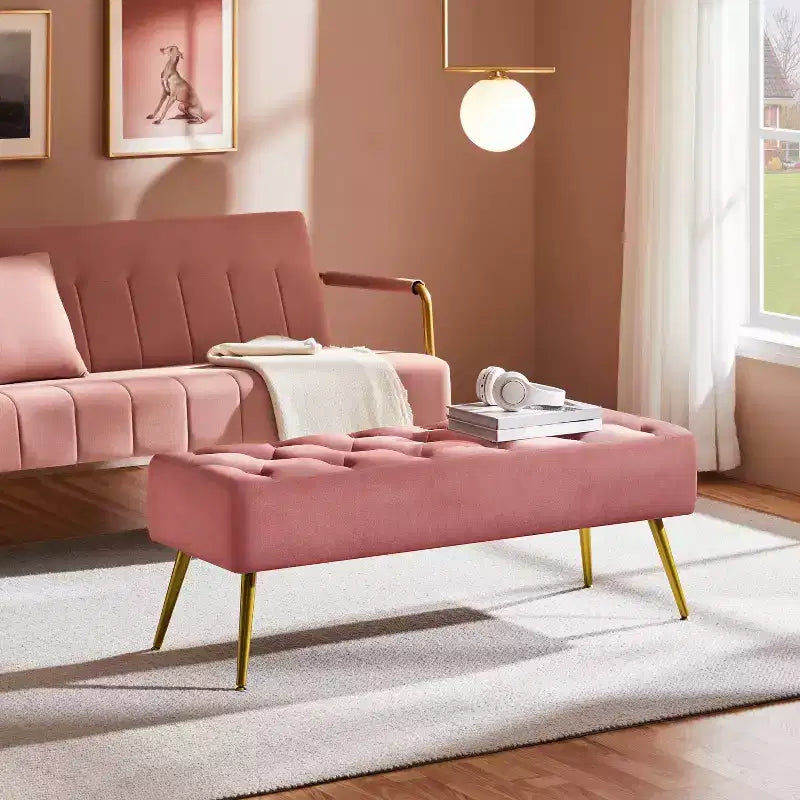 Panca moderna imbottita con pouf, poggiapiedi e bottoni – Larghezza 45", capacità 300 libbre