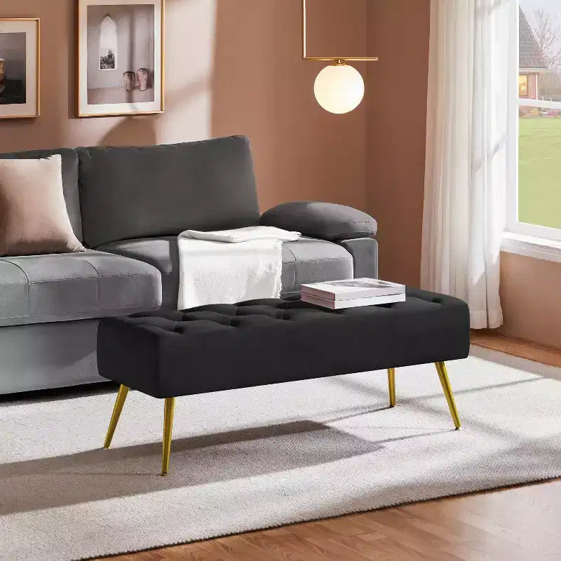Panca moderna imbottita con pouf, poggiapiedi e bottoni – Larghezza 45", capacità 300 libbre