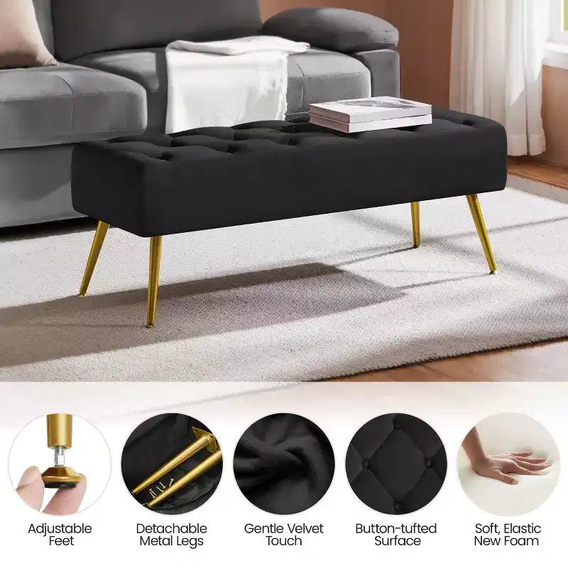 Panca moderna imbottita con pouf, poggiapiedi e bottoni – Larghezza 45", capacità 300 libbre